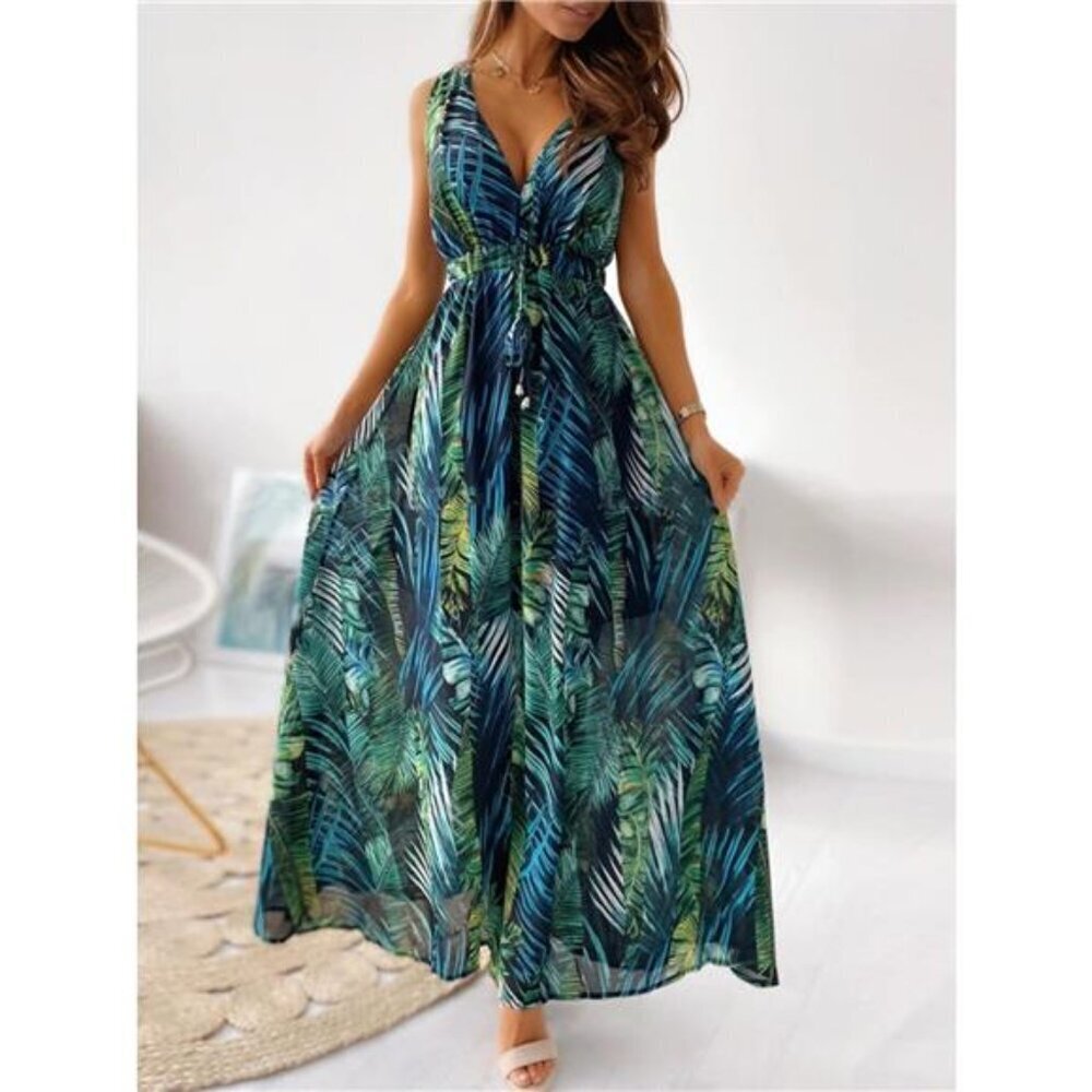 Leaf Print Sleeveless Maxi Dress